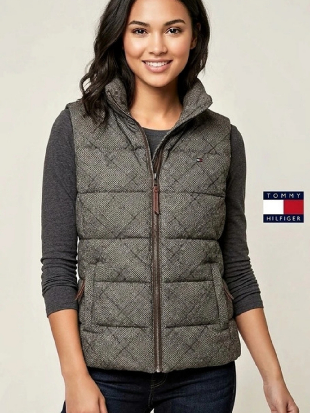 Tommy Hilfiger Wool Blend Down Vest Puffer Plaid Check Gray Size M Ptp 18"